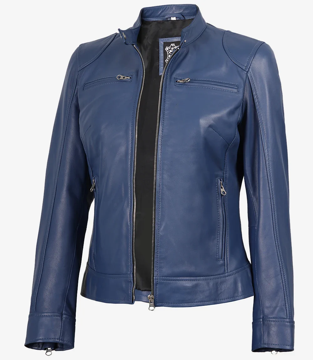 Veste en cuir bleu style motard pour femme - Coupe moderne – Image 3