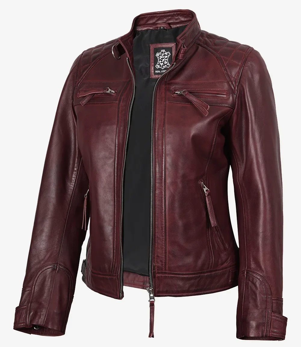 Veste style motard en cuir d'agneau véritable bordeaux pour femme – Image 3