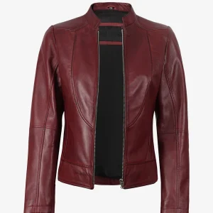Veste en cuir bordeaux coupe slim pour femme