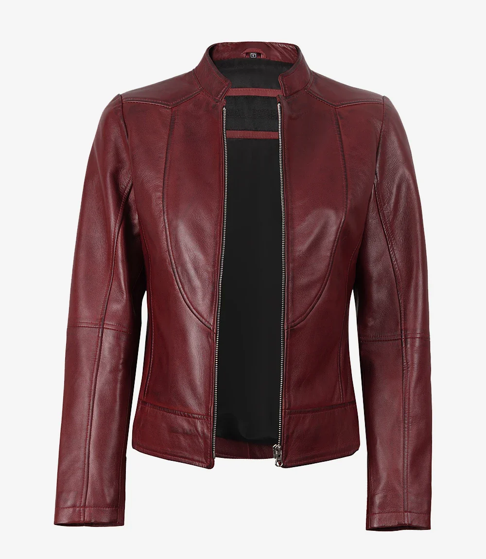 Veste en cuir bordeaux coupe slim pour femme – Image 2