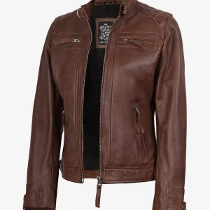 Veste motard en cuir cognac pour femme - Épaules matelassées