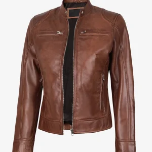 Veste style motard en cuir véritable ciré cognac pour femme
