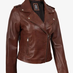 Veste en cuir style motard asymétrique cognac effet vieilli pour femme
