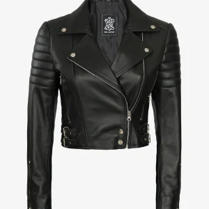 Femme Veste en cuir noir courte asymétrique style motard
