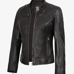 Dodge Veste en cuir marron vieilli style motard pour femme