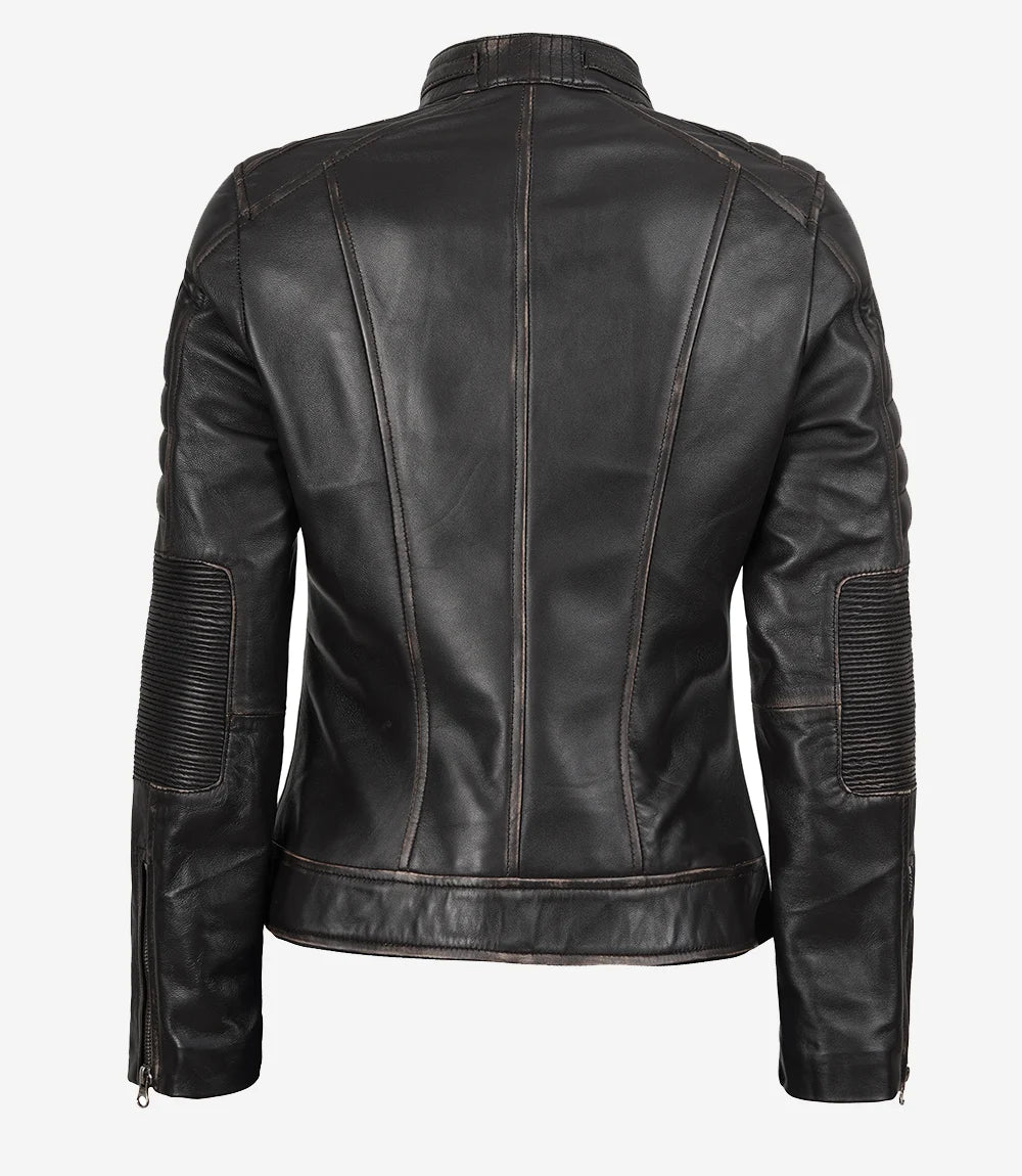Veste en cuir marron vieilli style motard pour femme – Image 8