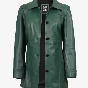 Manteau 3/4 boutonné en cuir véritable pour femme, vert