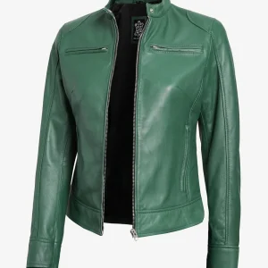Veste en cuir verte style motard pour femme