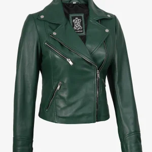 Veste motard verte en cuir d'agneau véritable pour femme