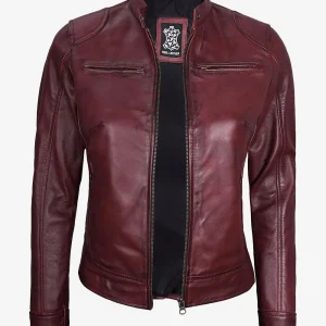 Veste motard bordeaux en cuir véritable pour femme