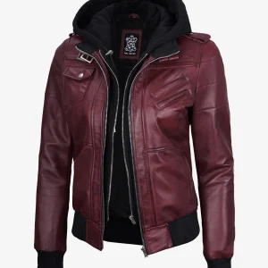 Blouson aviateur en cuir marron à capuche pour femme