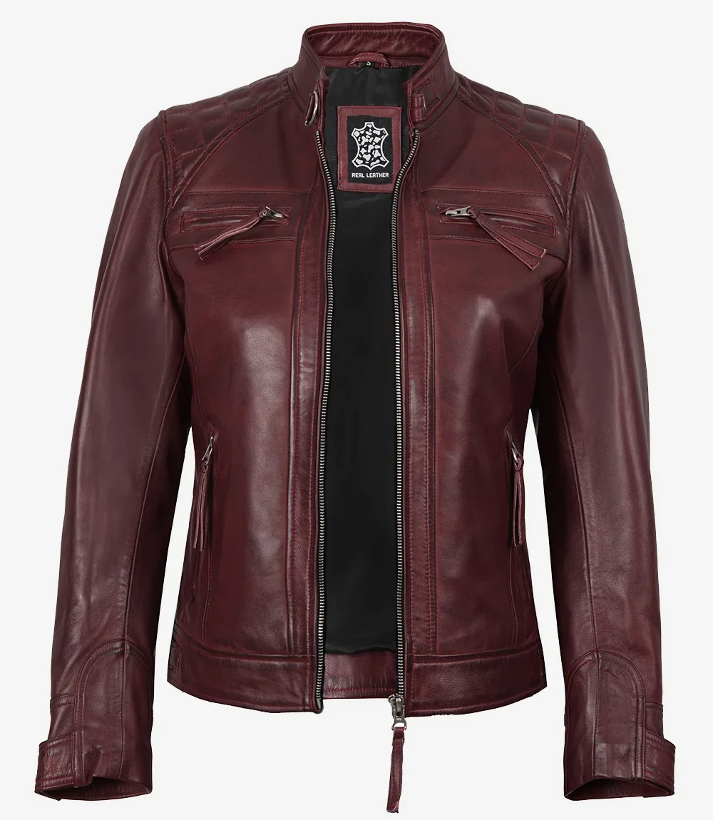 Veste style motard en cuir d'agneau véritable bordeaux pour femme – Image 2