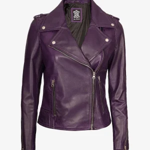 Veste motard asymétrique violette en cuir d'agneau pour femme
