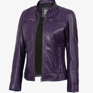 Dodge Veste motard violette en cuir d'agneau véritable pour femme