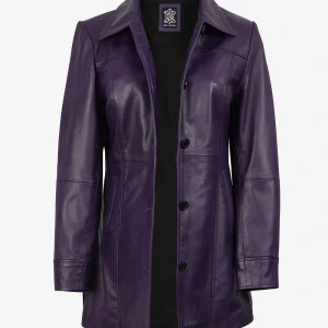 Manteau 3/4 en cuir violet boutonné pour femme