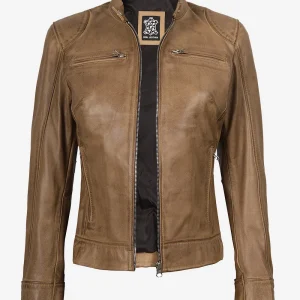 Veste motard en cuir véritable camel pour femme