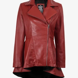 Veste péplum en cuir rouge pour femme avec fermeture éclair asymétrique