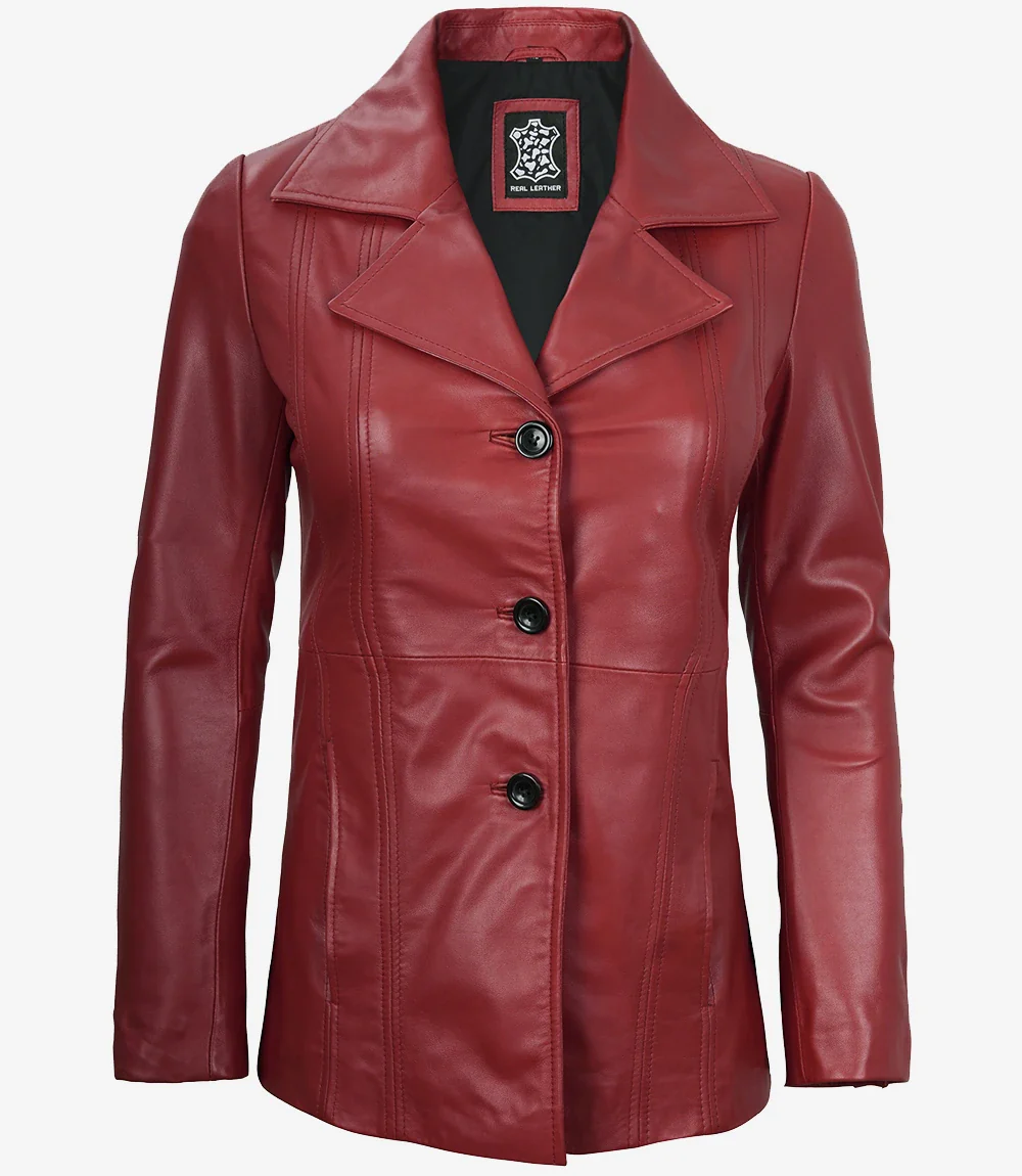 Blazer en cuir rouge à trois boutons pour femme – Image 4