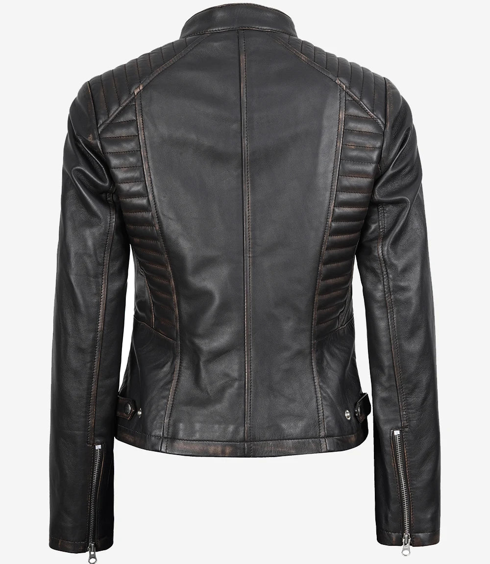 Veste motard en cuir marron vieilli pour femme – Image 8