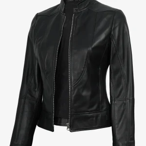 Veste en cuir noir style motard coupe slim pour femme
