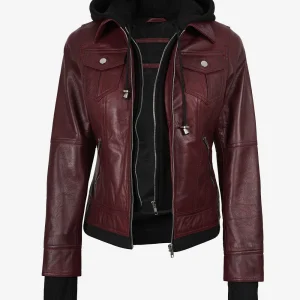 Blouson aviateur en cuir bordeaux pour femme avec capuche amovible