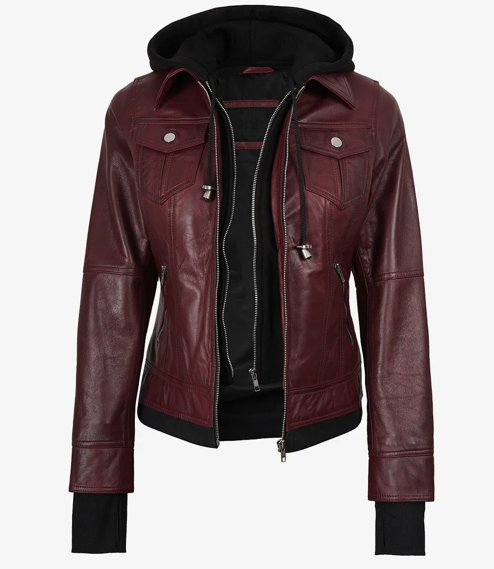 Blouson aviateur en cuir bordeaux pour femme avec capuche amovible