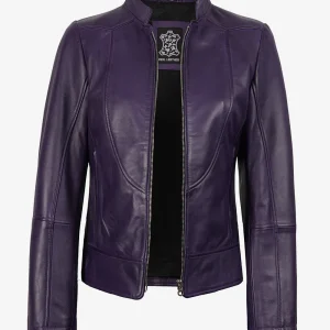 Veste en cuir style motard violette pour femme, coupe moderne