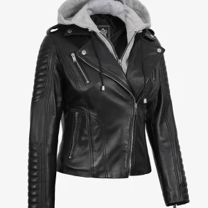 Veste en cuir noir style motard pour femme avec capuche