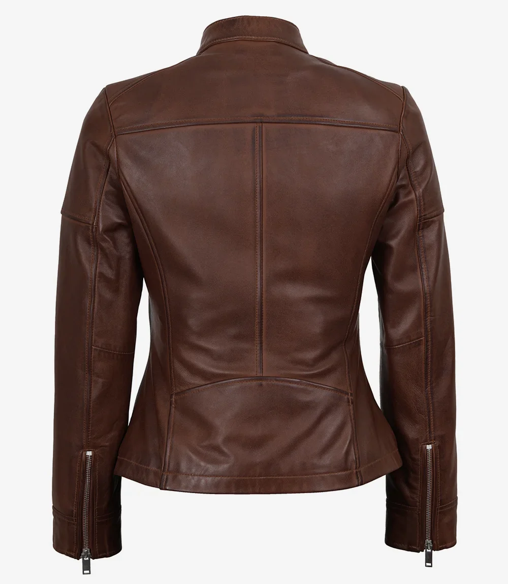 Veste style motard en cuir texturé marron pour femme – Image 7