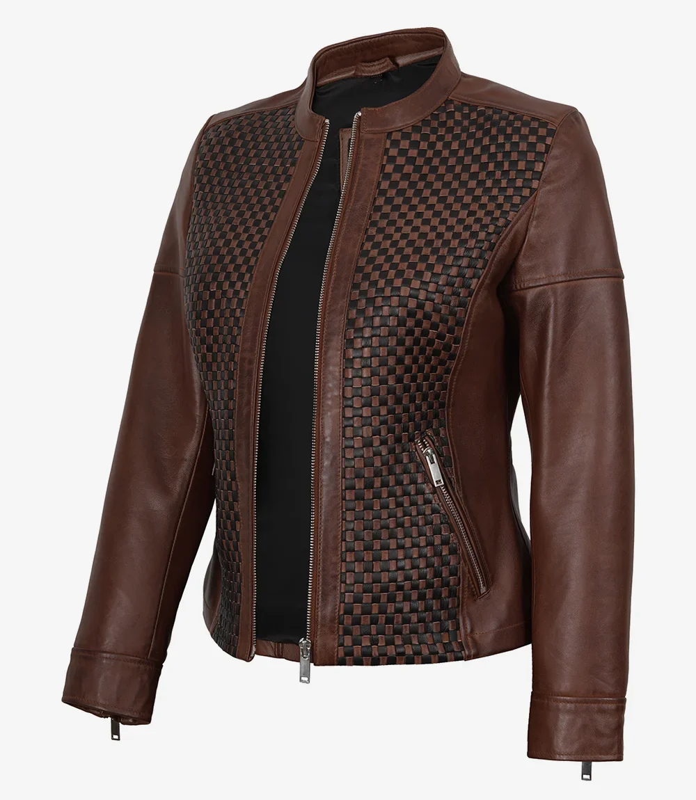 Veste style motard en cuir texturé marron pour femme – Image 4