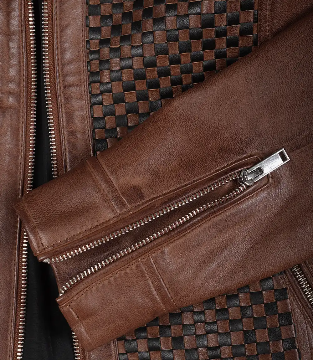 Veste style motard en cuir texturé marron pour femme – Image 5