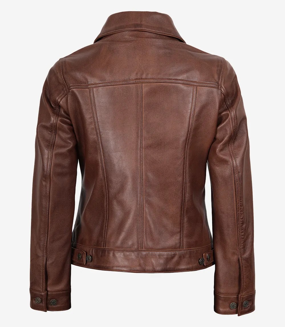 Veste camionneur en cuir marron cognac pour femme – Image 5
