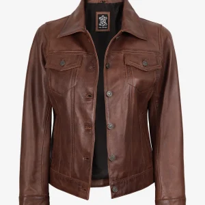 Veste camionneur en cuir marron cognac pour femme