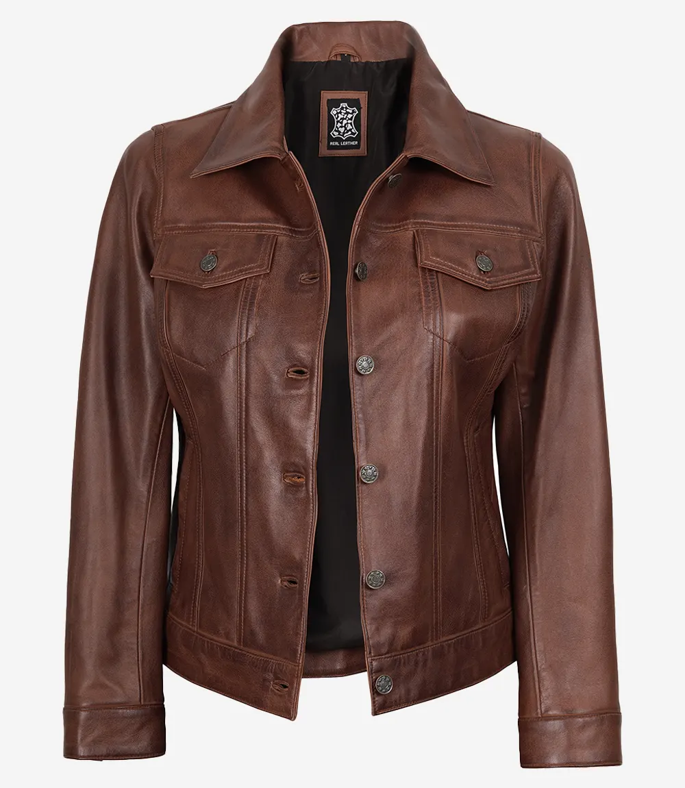 Veste camionneur en cuir marron cognac pour femme – Image 2