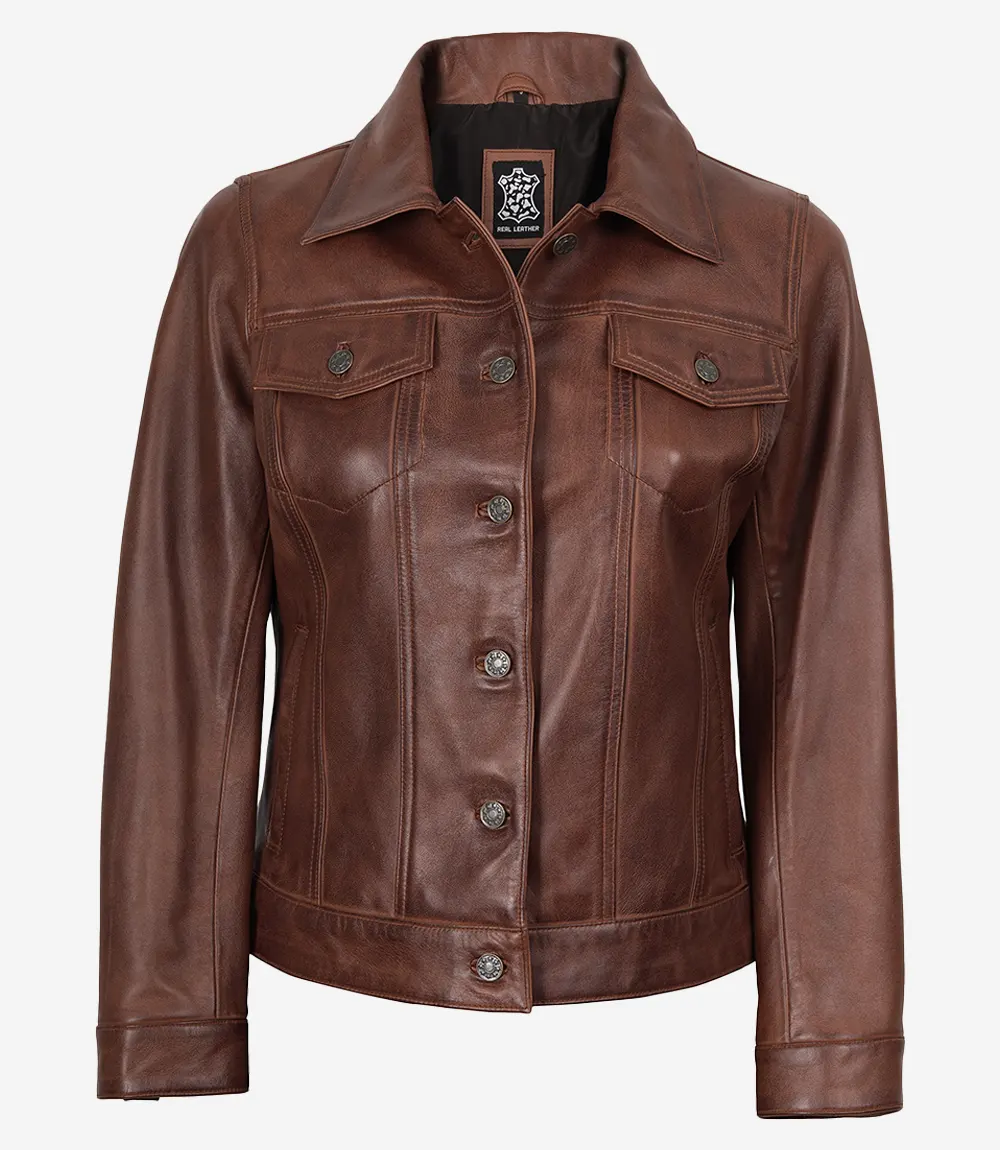 Veste camionneur en cuir marron cognac pour femme – Image 4