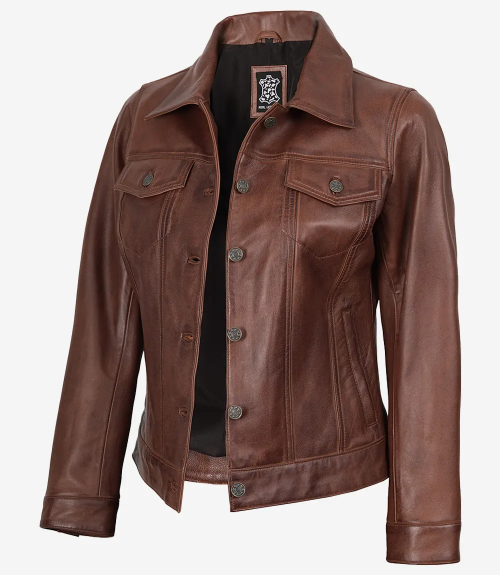 Veste camionneur en cuir marron cognac pour femme – Image 3