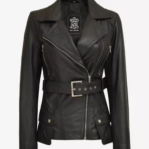 Veste longue en cuir noir style motard avec ceinture pour femme