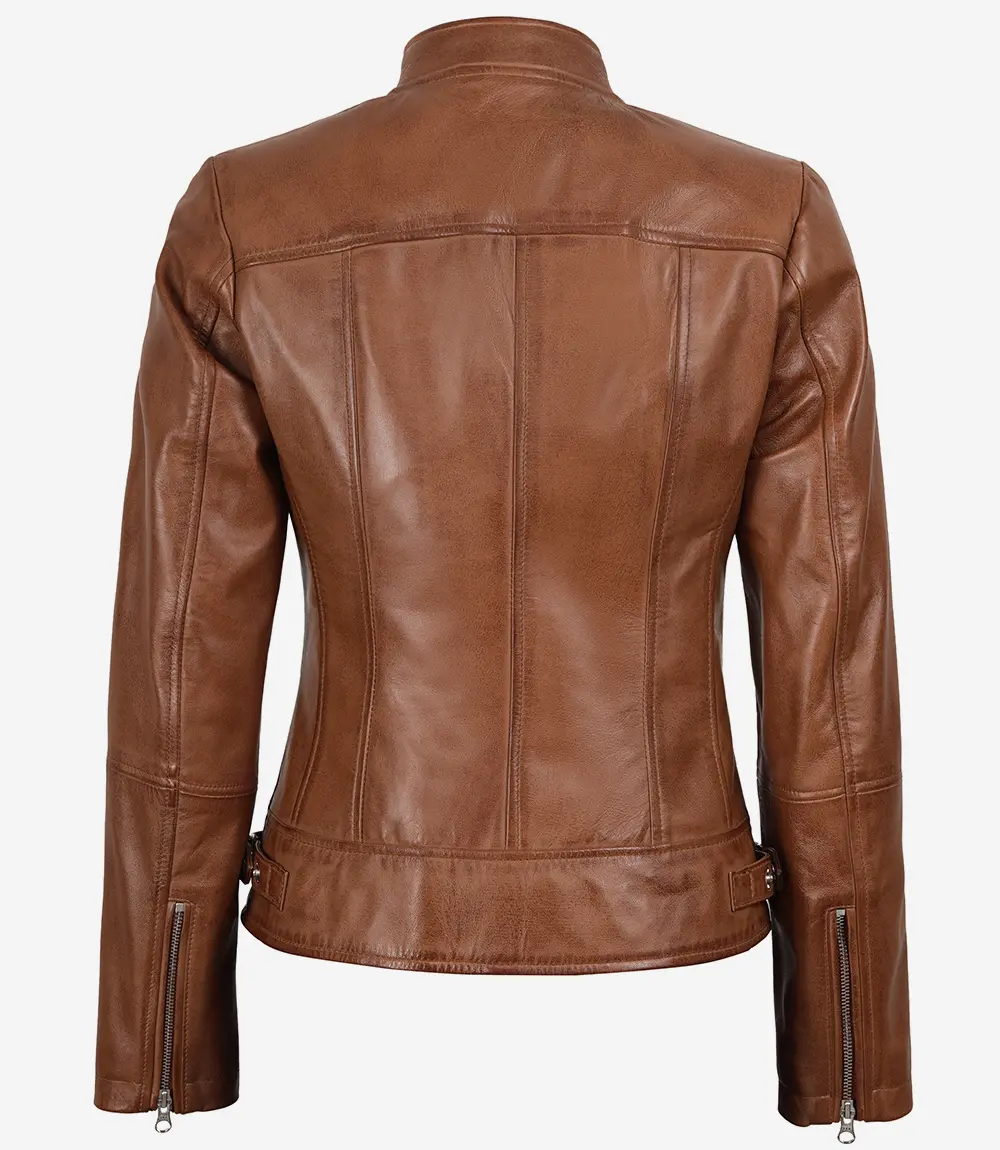 Veste en cuir ciré couleur tan, style motard slim fit pour femme – Image 5