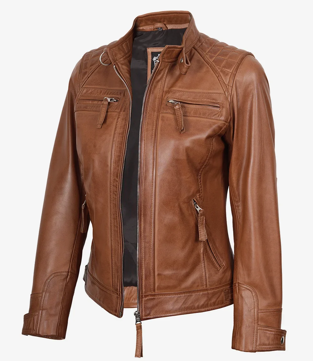 Veste style motard matelassée en cuir d'agneau véritable pour femme, couleur beige – Image 2