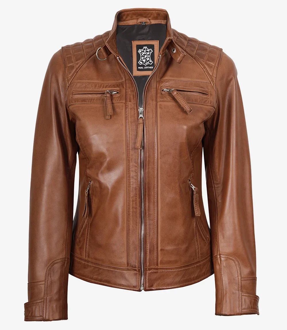 Veste style motard matelassée en cuir d'agneau véritable pour femme, couleur beige – Image 4