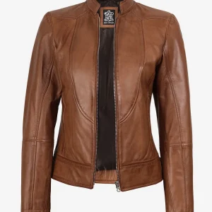 Veste en cuir ciré couleur tan, style motard slim fit pour femme