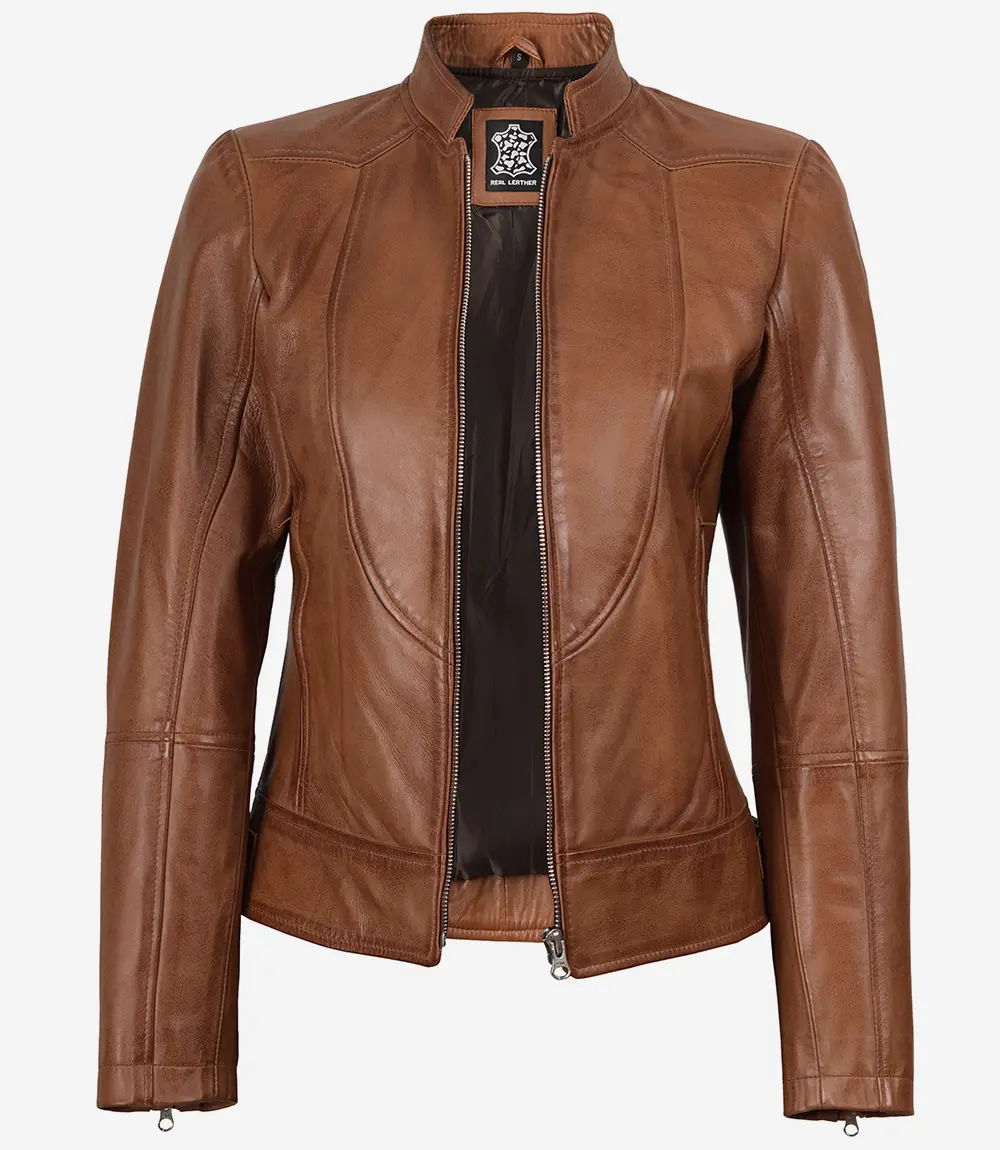 Veste en cuir ciré couleur tan, style motard slim fit pour femme – Image 2