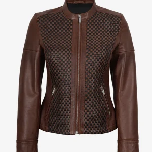 Veste style motard en cuir texturé marron pour femme