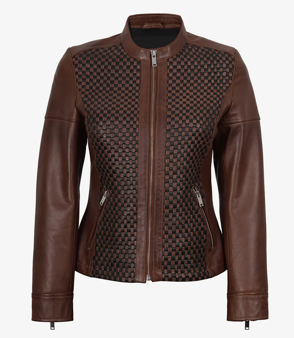 Veste style motard en cuir texturé marron pour femme – Image 2