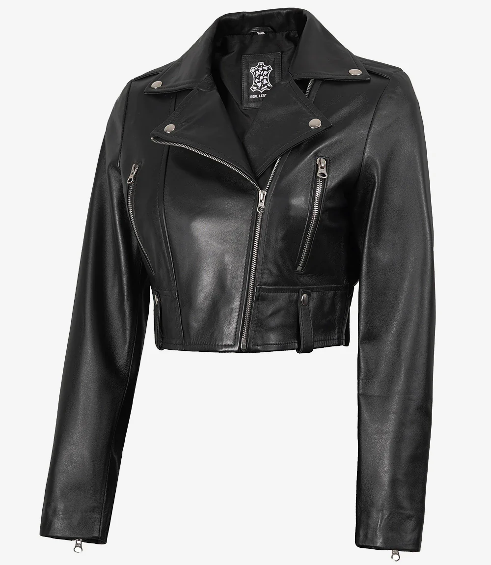 Veste courte asymétrique en cuir noir pour femme – Image 3