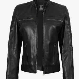 Veste de motard classique en cuir noir pour femme