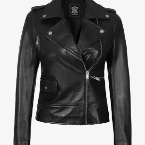 Veste motard asymétrique en cuir noir pour femme Amber
