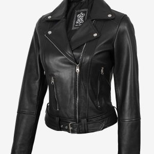 Veste de motard asymétrique en cuir noir avec ceinture pour femme