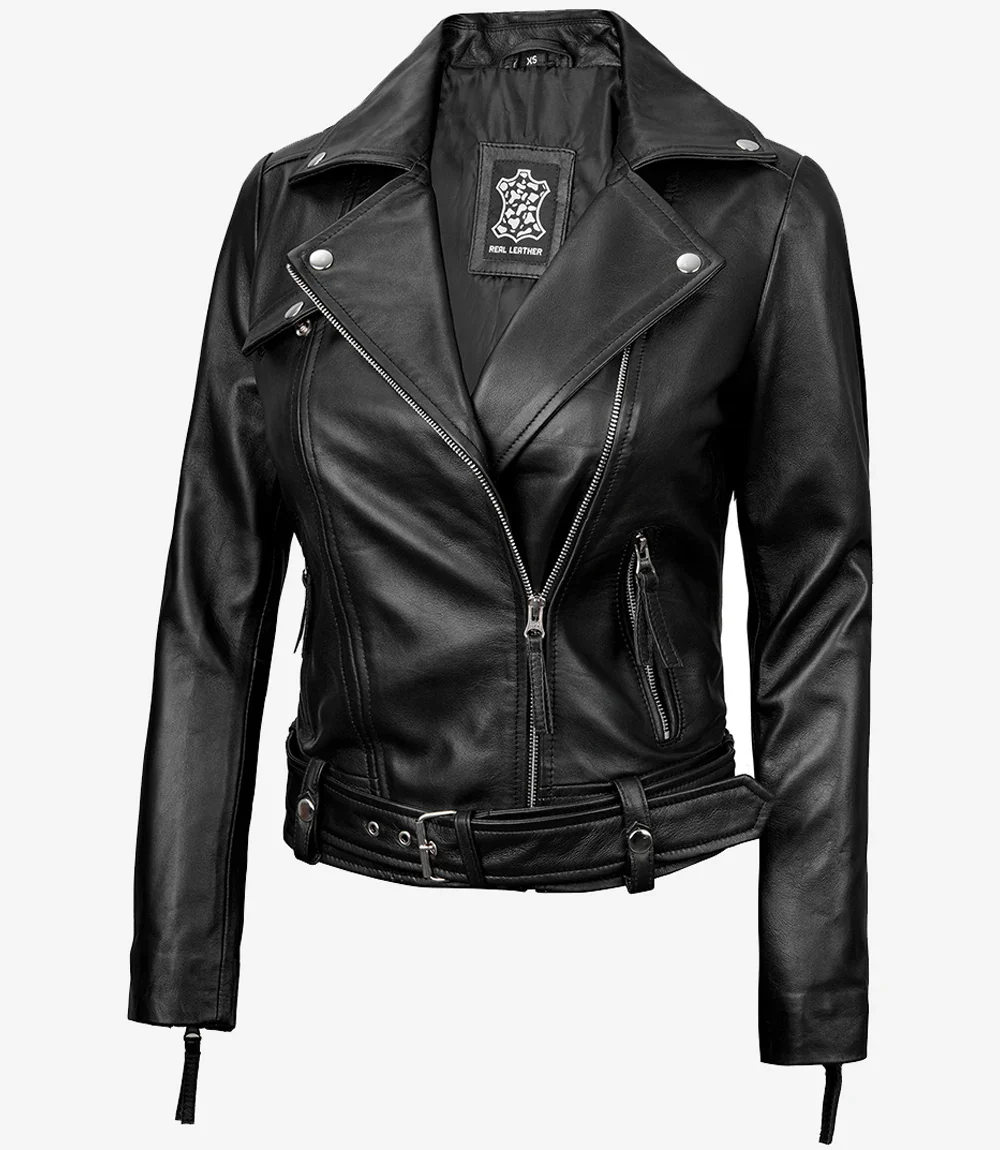 Veste de motard asymétrique en cuir noir pour femme – Image 3