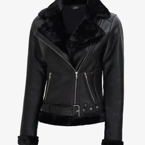 Veste style motard en cuir peau lainée noire pour femme